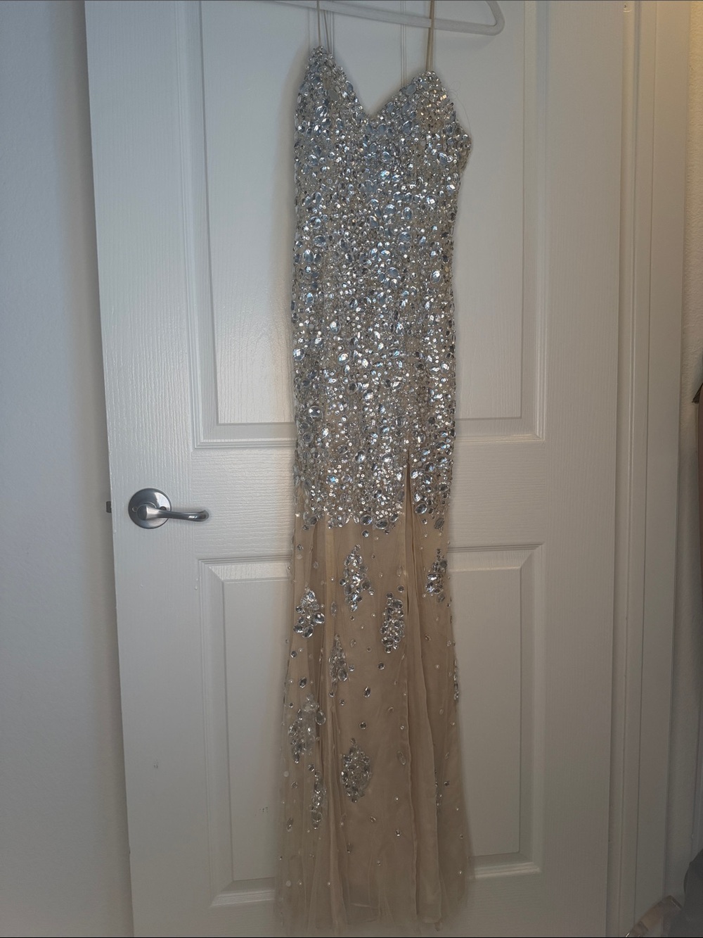 Jovani Beige Sequin Prom Gown with Silver Embellishment